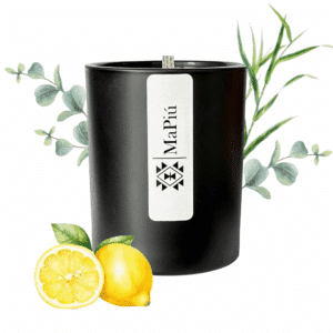 original luxury scented candle in glass jar with lemon eucalyptus rosemary citronella patchouli fragrance mapiu uk