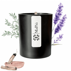 original luxury scented candle in glass jar with long lasting palo santo fragrance with notes of herbs pine lavender rosemary mapiu uk