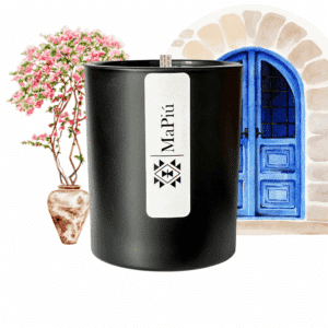 original luxury santorini scented candle in glass jar with neroli orange ylang ylang jasmine musk fragrance mapiu uk