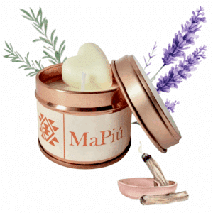small rose gold tin palo santo scented candle handmade soy wax with fragrance of herbs pine lavender rosemary mapiu uk
