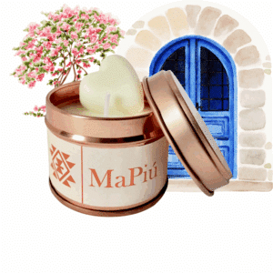 small rose gold tin santorini scented candle handmade soy wax with neroli orange ylang ylang jasmine musk fragrance