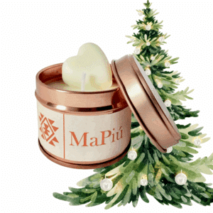 small rose gold tin scented candle handmade soy wax with pine clove cinnamon fir christmas tree fragrance mapiu uk
